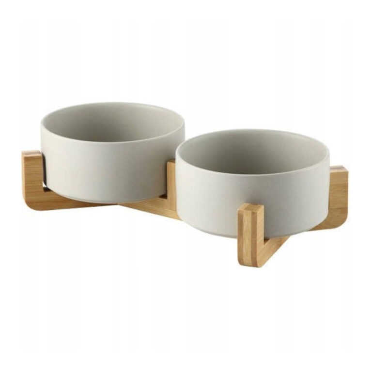 modernus dubenėlių komplektas katėms su mediniu stovu