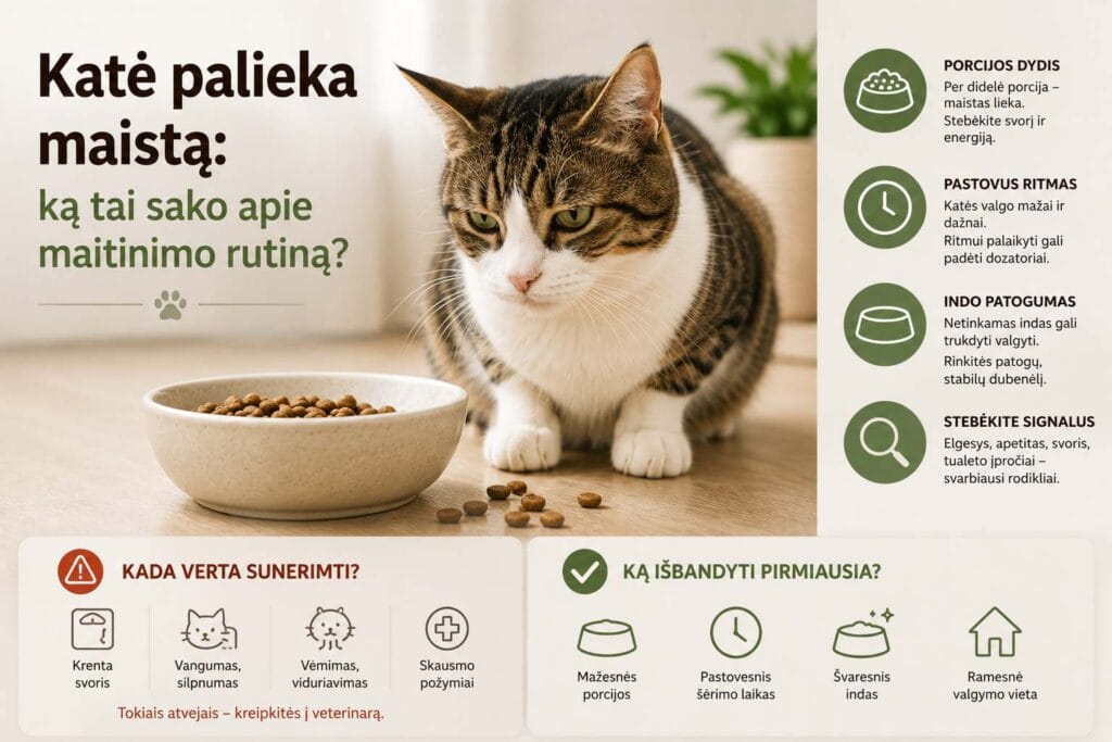 Katė prie dubenėlio su paliktu maistu, iliustruojanti netinkamą porcijos dydį, šėrimo rutiną ar dubenėlio patogumą.