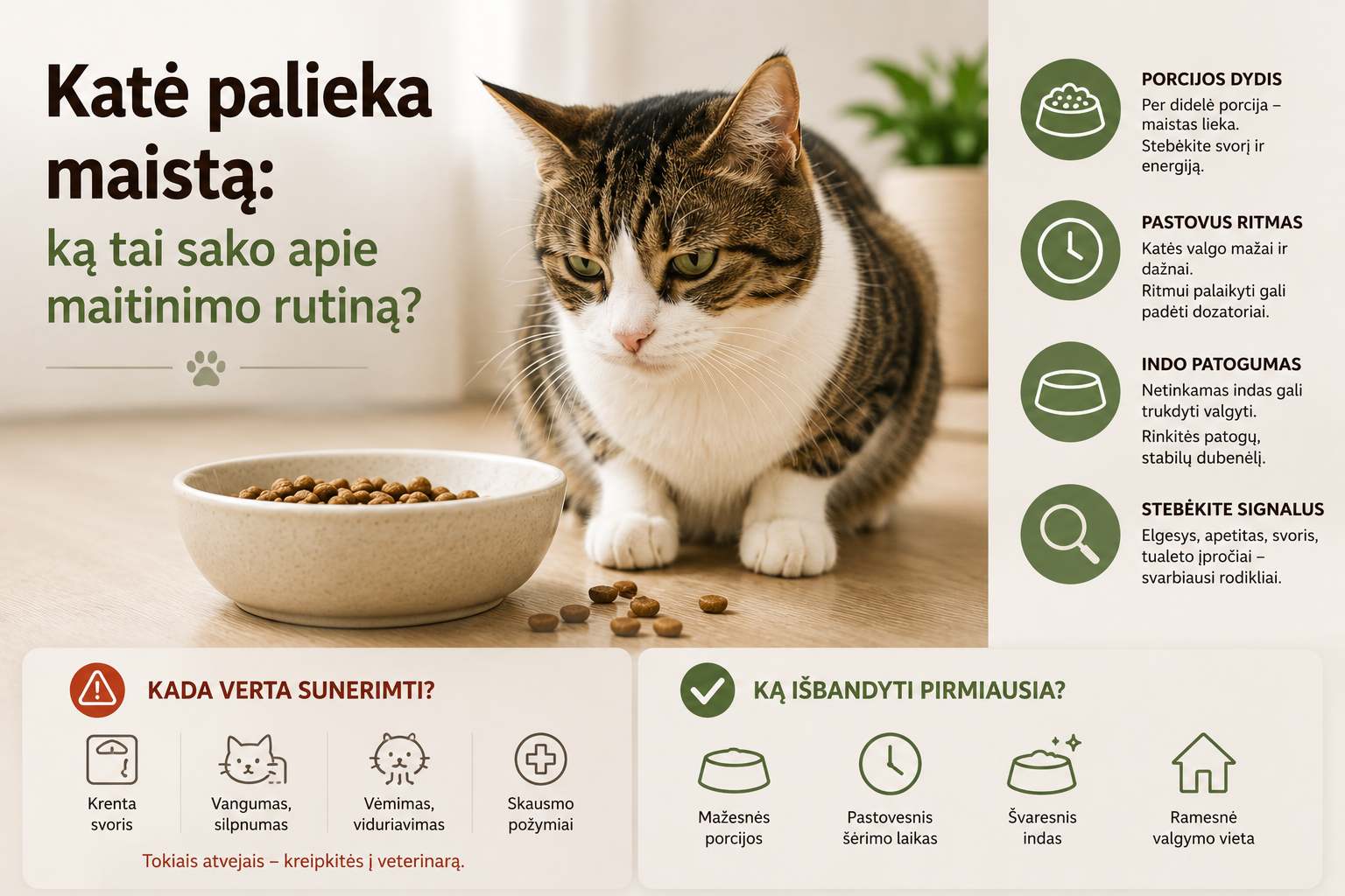 Katė prie dubenėlio su paliktu maistu, iliustruojanti netinkamą porcijos dydį, šėrimo rutiną ar dubenėlio patogumą.