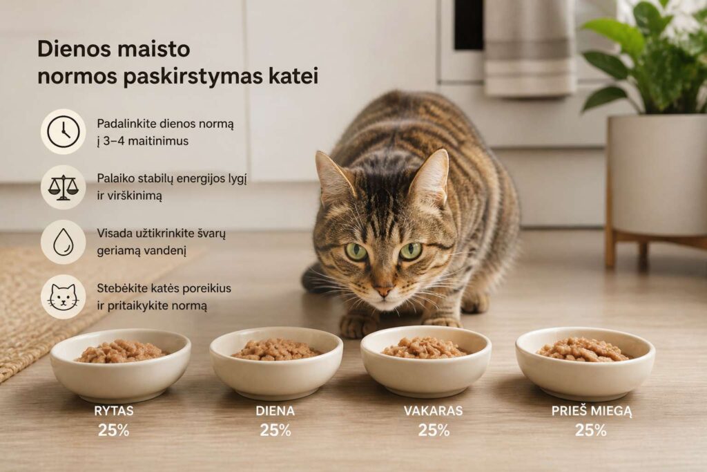 Katė prie kelių maisto dubenėlių namų aplinkoje, iliustruojant dienos maisto normos paskirstymą į atskiras porcijas