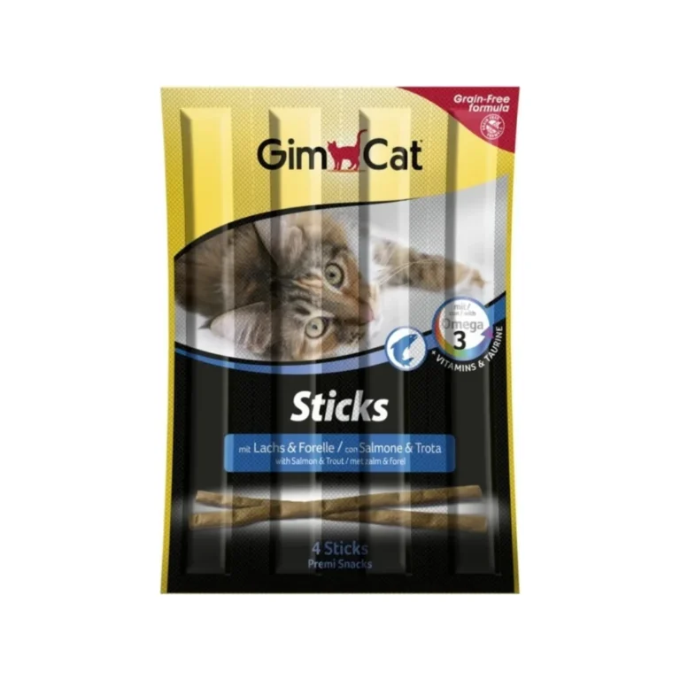 Skanėstai katėms | GimCat Sticks su lašiša ir upėtakiu, be grūdų, 4 vnt.