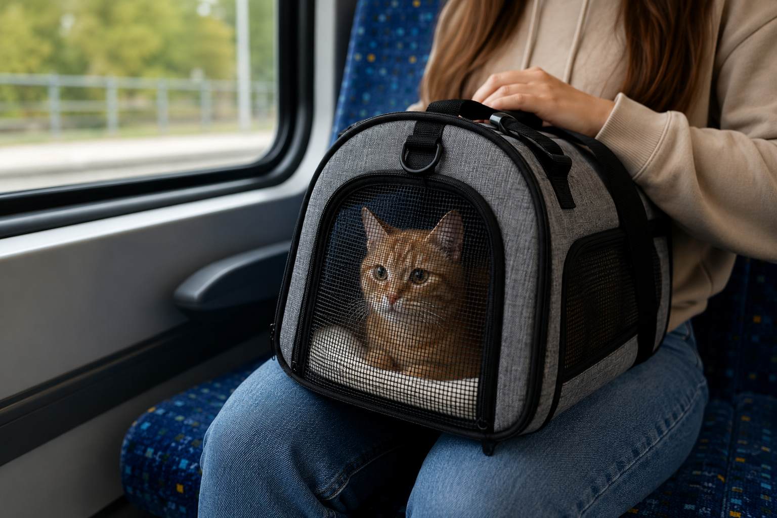Katė transportavimo krepšyje keliauja viešuoju transportu kartu su šeimininke