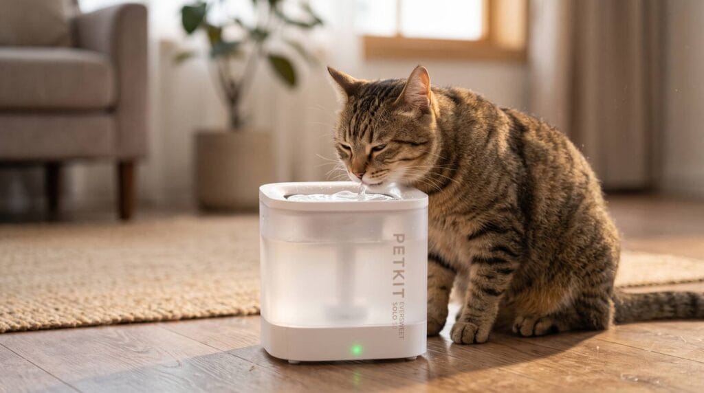 Katė geria vandenį iš PETKIT Eversweet Solo SE White fontano jaukioje namų aplinkoje.