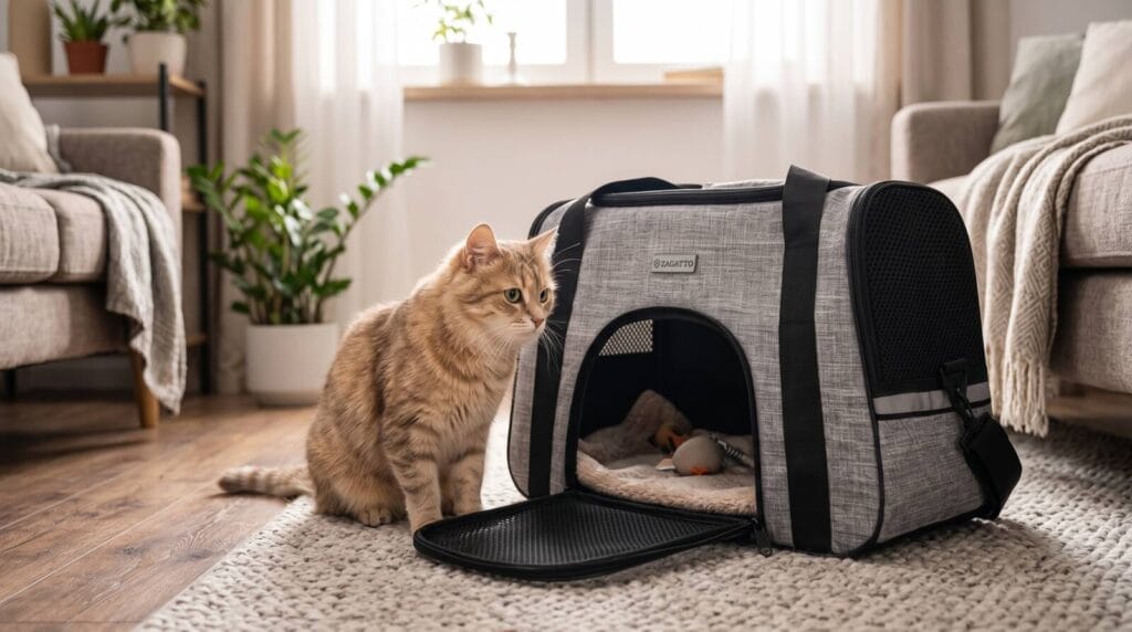Rami katė sėdi šalia atviro pilko Zagatto krepšio prieš kelionę pas veterinarą