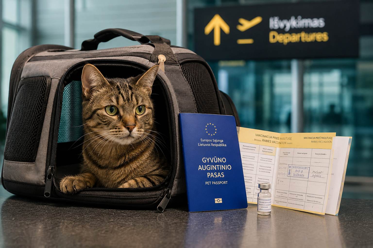 Katė transportavimo krepšyje oro uoste šalia augintinio paso ir skiepų dokumentų prieš kelionę į užsienį.