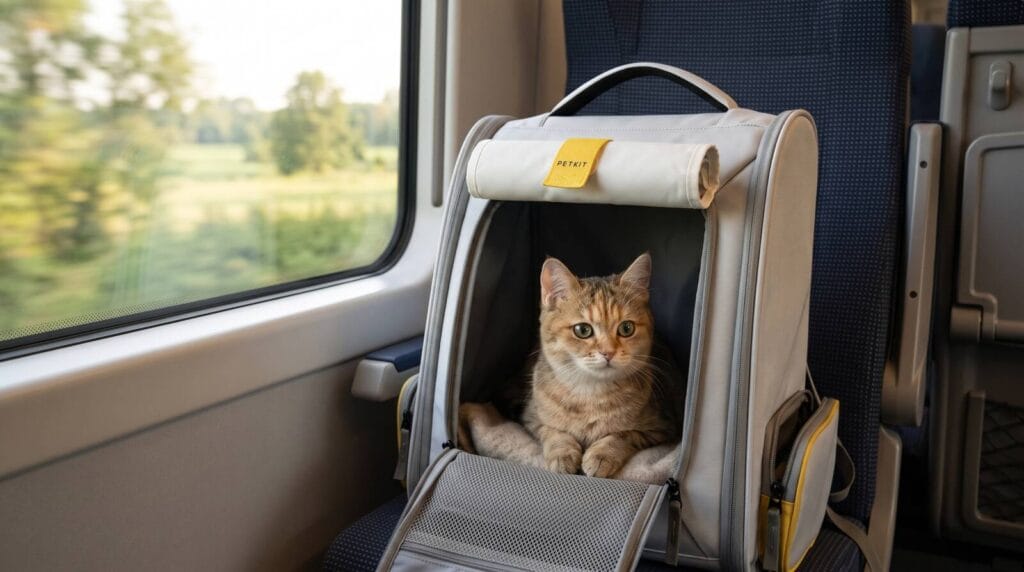 Katė ramiai sėdi PETKIT BP3 X Zone Pilka transportavimo krepšyje traukinio sėdynėje prie lango.