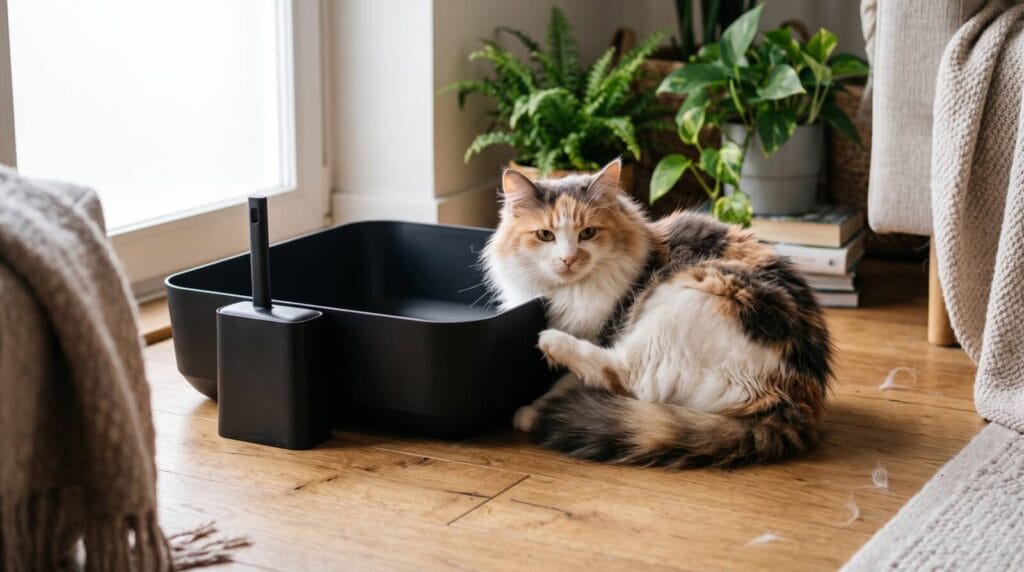 Pūkuota katė sėdi šalia atviro Poh litter box kačių tualeto jaukiame namų kampe