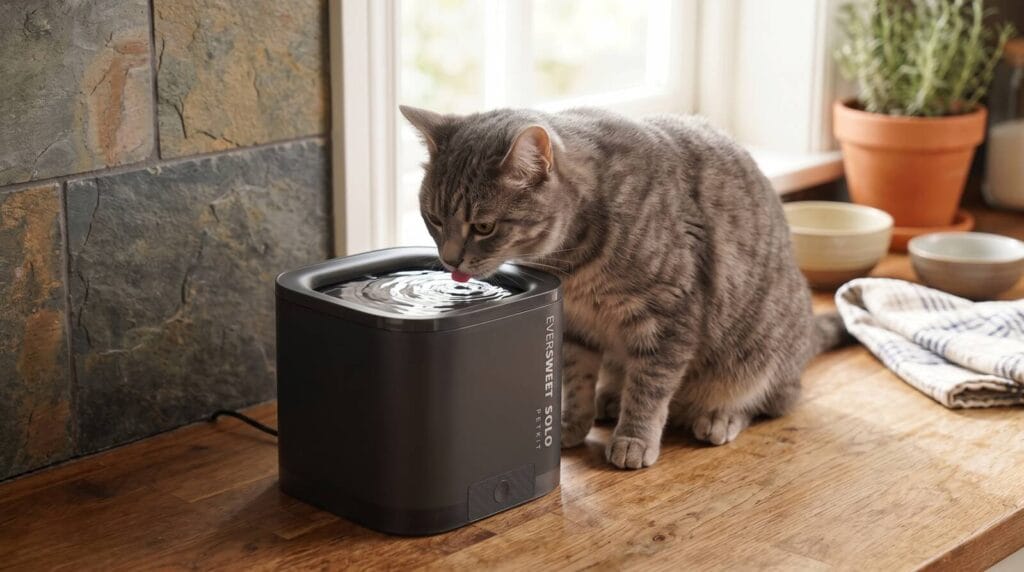 Katė geria vandenį iš PETKIT Eversweet Solo SE Grey fontano jaukioje virtuvėje