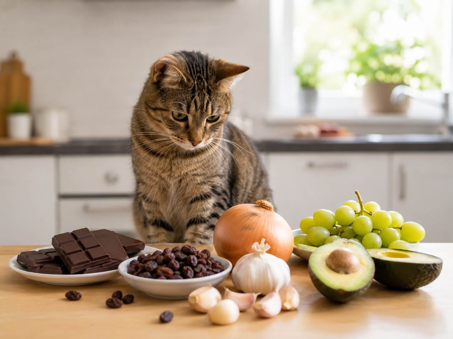 Katė prie pavojingų maisto produktų – šokolado, svogūnų, česnakų, vynuogių, razinų ir avokado