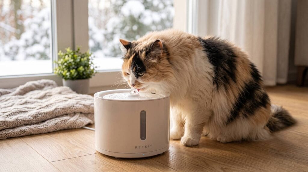 Pūkuota katė žiemą geria vandenį iš PETKIT Eversweet Solo 2 fontano prie lango