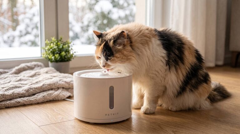 Pūkuota katė žiemą geria vandenį iš PETKIT Eversweet Solo 2 fontano prie lango