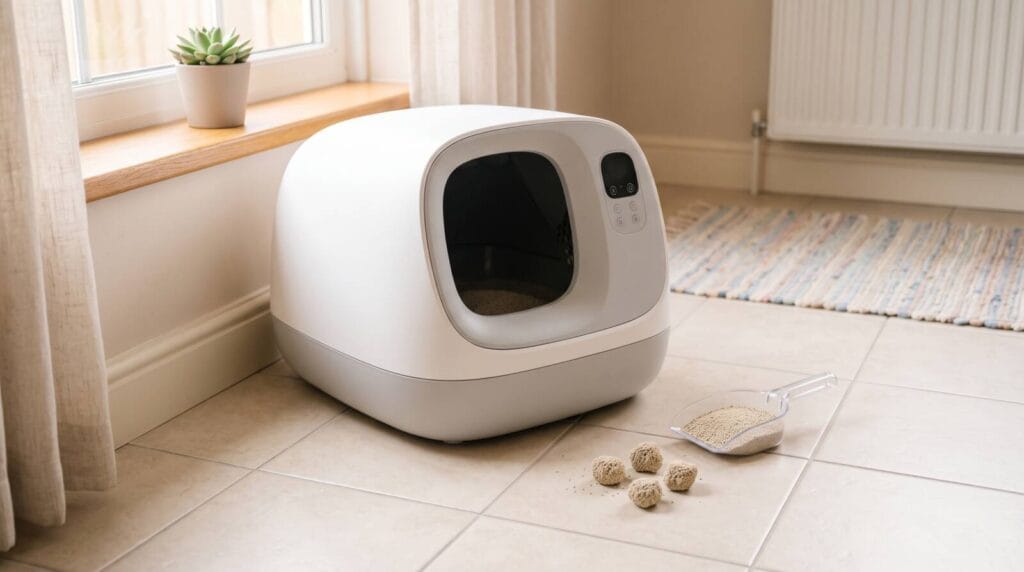 Modernus automatinis kačių tualetas su smėlio spalvos sankibio kraiku ir mažu kaušeliu šalia.