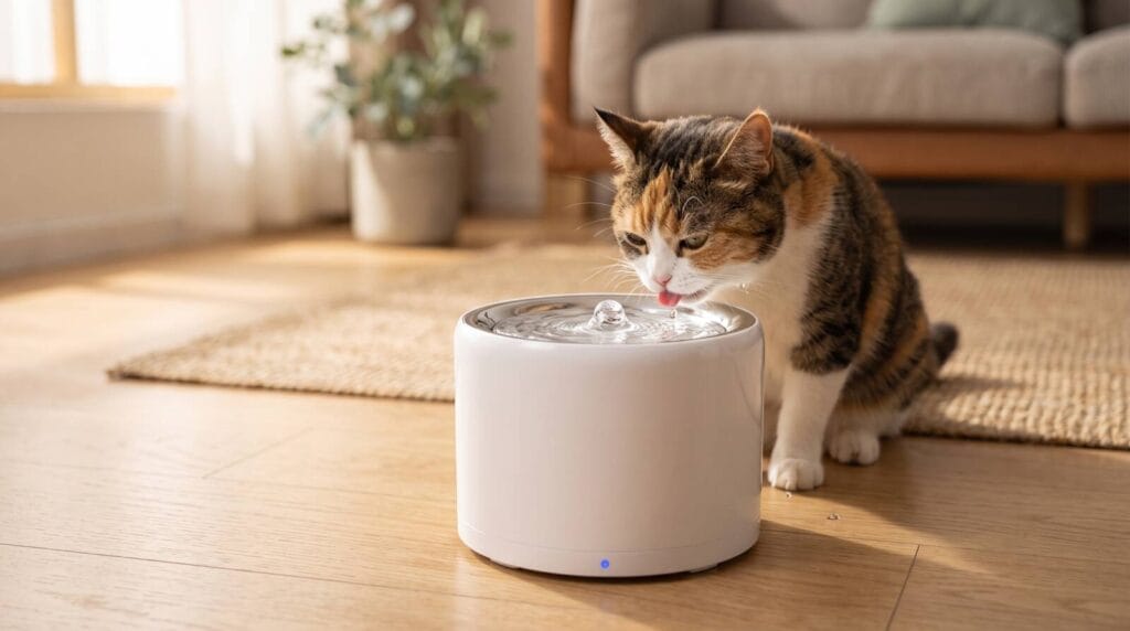 Katė geria vandenį iš PETKIT Eversweet 3 Pro fontano, pastatyto ramiame namų kampelyje
