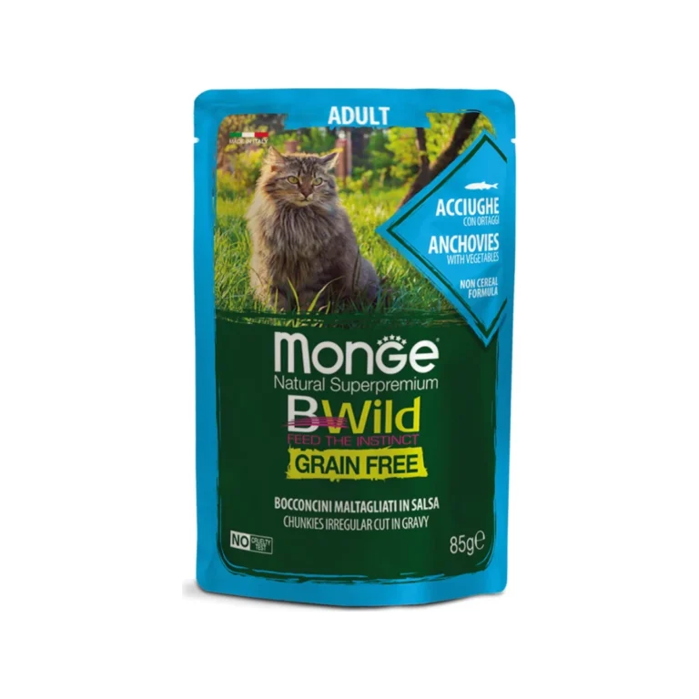 Monge BWild Grain Free gabalėliai padaže su ančiuviais, 85 g