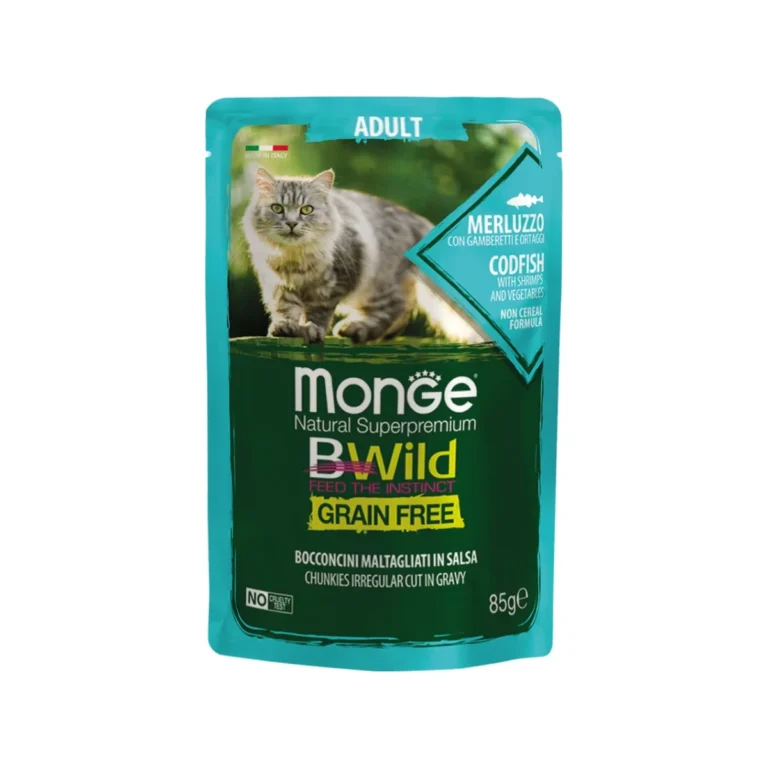 Monge BWild Grain Free gabalėliai padaže su menke ir krevetėmis, 85 g