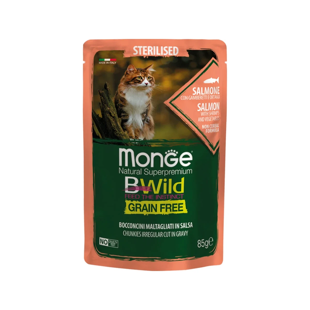 Monge BWild Grain Free gabalėliai padaže su lašiša ir krevetėmis, 85 g