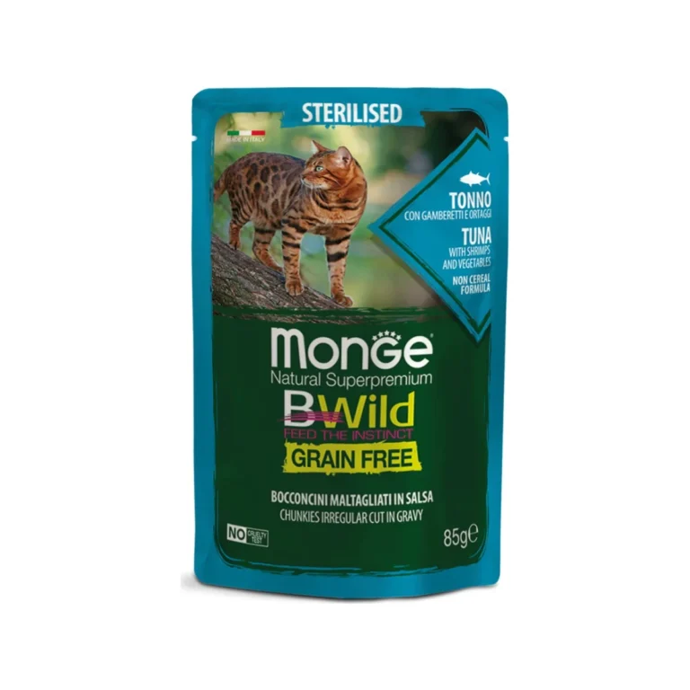 Monge BWild Grain Free gabalėliai padaže su tunu ir krevetėmis, 85 g