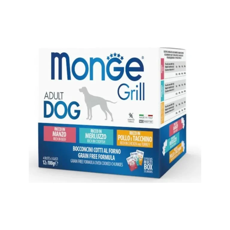 Monge Grill rinkinys: jautiena, menkė, vištiena su kalakutiena, 12 × 100 g