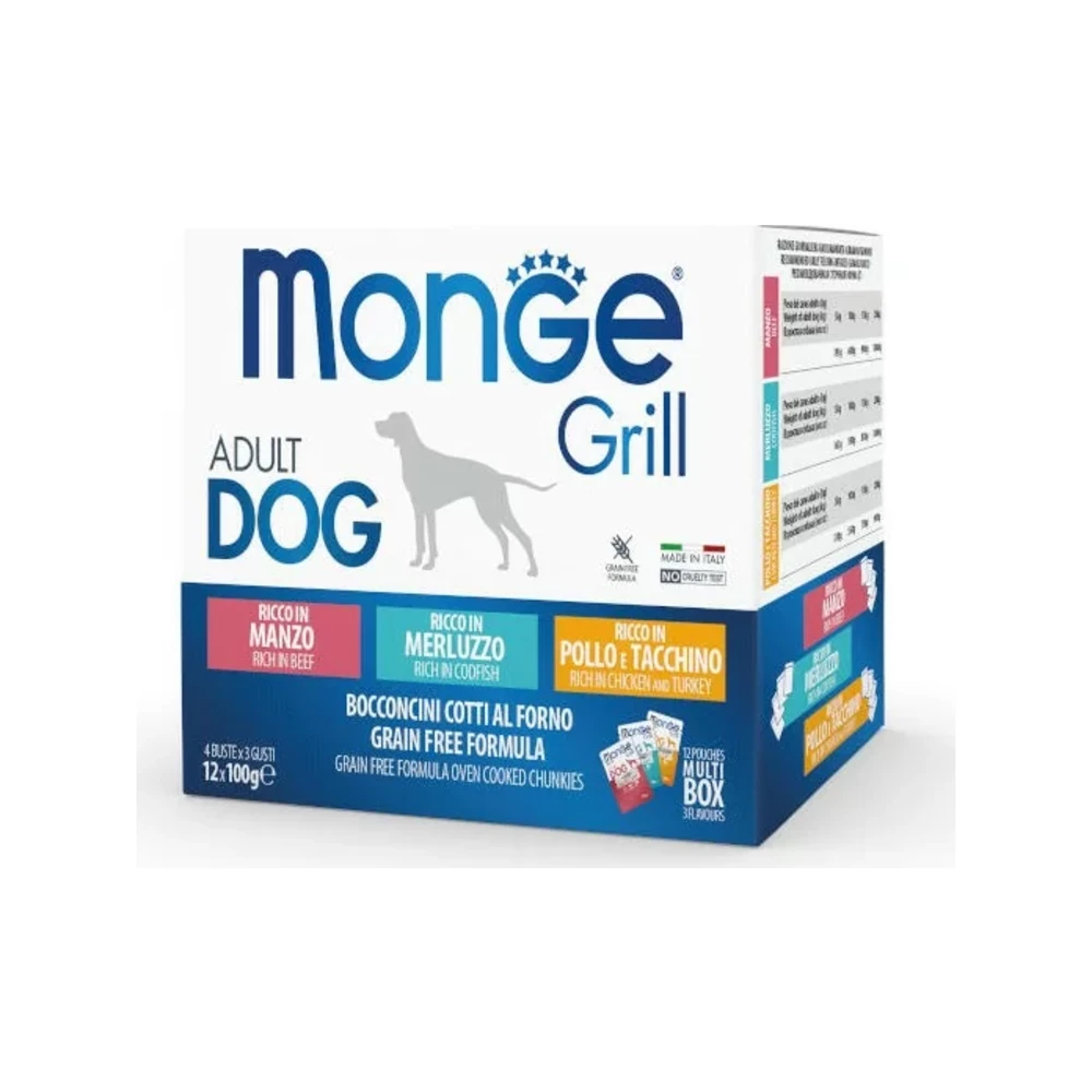 Monge Grill rinkinys: jautiena, menkė, vištiena su kalakutiena, 12 × 100 g