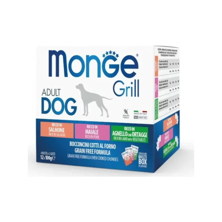 Monge Grill rinkinys: lašiša, kiauliena, ėriena su daržovėmis, 12 × 100 g