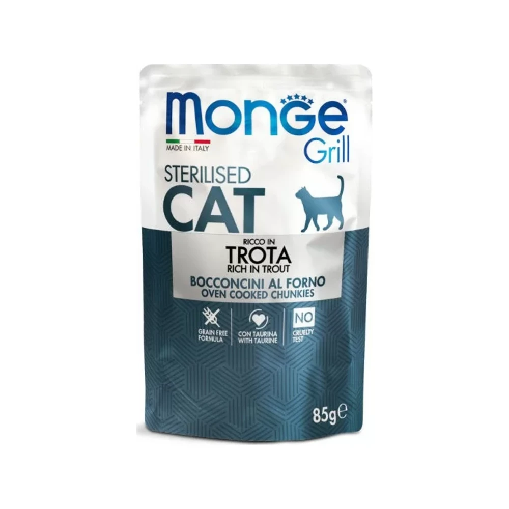 Monge Grill Sterilised gabalėliai želė su upėtakiu, 85 g