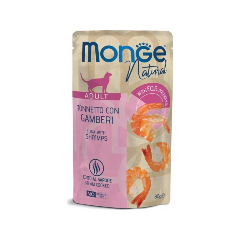Šlapias maistas katėms | Monge Natural tunas su krevetėmis želėje, 80 g