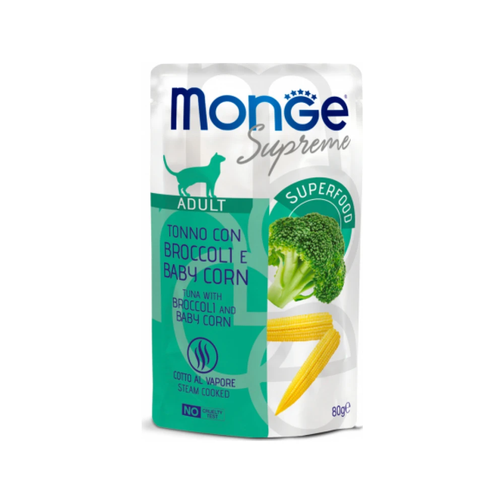 Monge Supreme Adult su tunu, brokoliais ir mažaisiais kukurūzais, 80 g