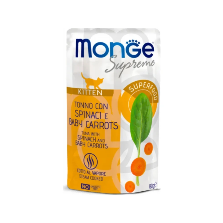 Monge Supreme Kitten su tunu, špinatais ir mažosiomis morkomis, 80 g