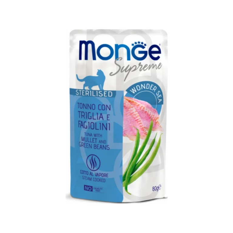 Monge Supreme Sterilised su tunu, barzdotąja ir šparaginėmis pupelėmis, 80 g