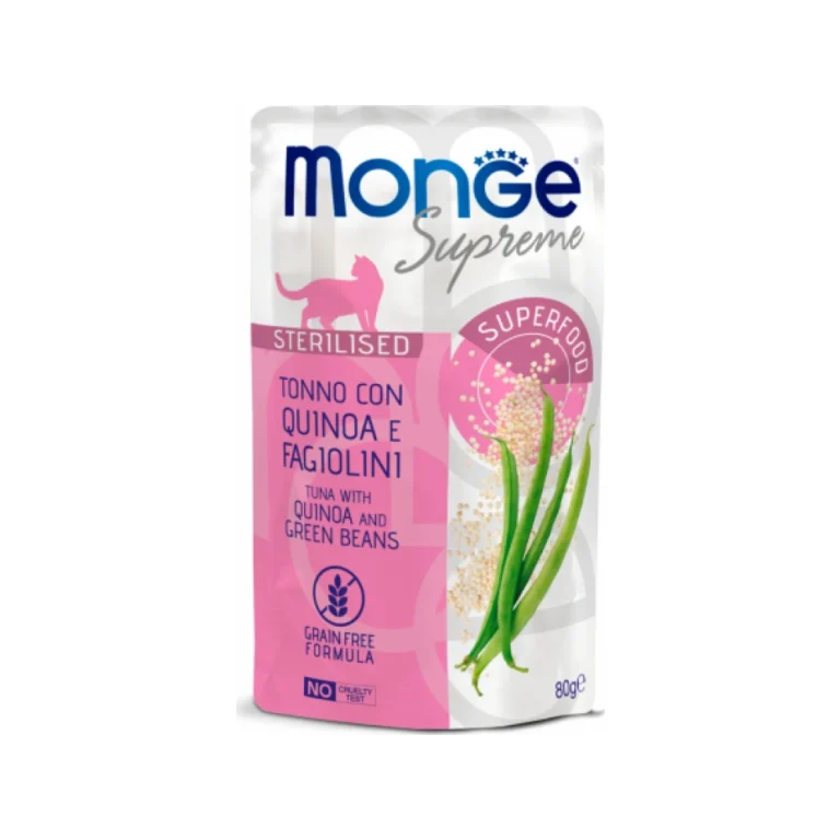 Monge Supreme Sterilised su tunu, bolivine balanda ir šparaginėmis pupelėmis, 80 g