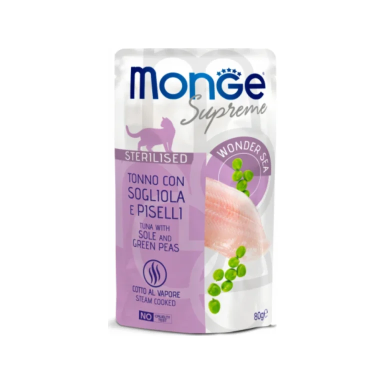 Monge Supreme Sterilised su tunu, jūrų liežuviu ir žirneliais, 80 g