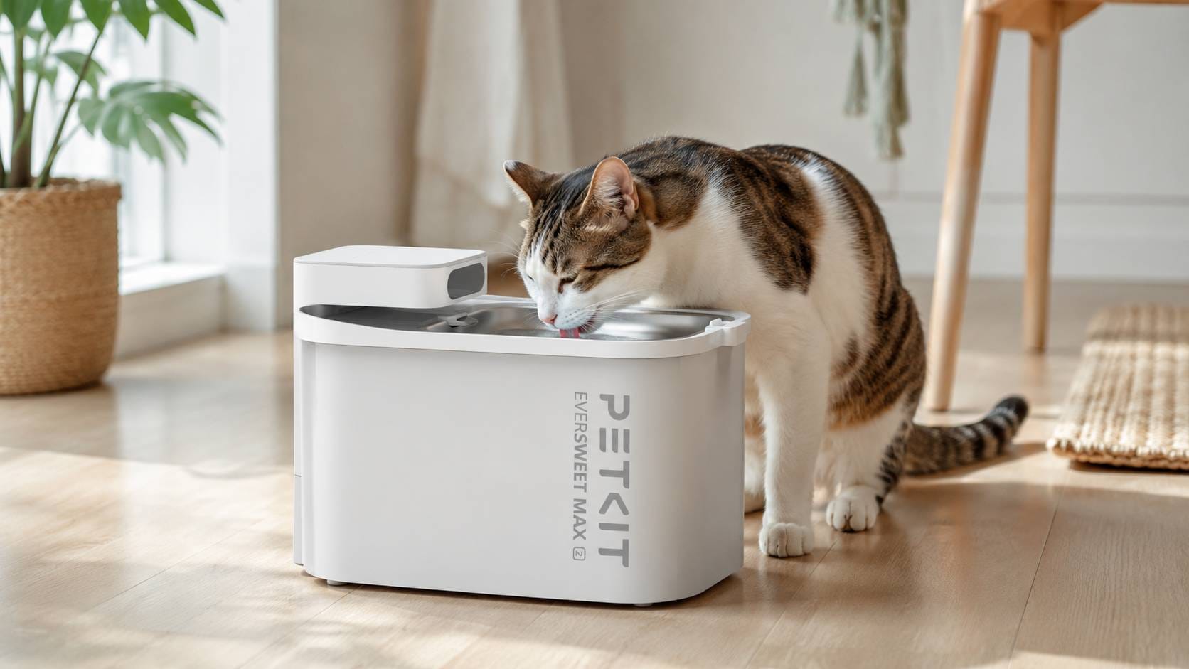 Katė geria vandenį iš PETKIT Eversweet Max 2 (UVC) vandens fontano katėms, padedančio skatinti kačių hidrataciją namuose.