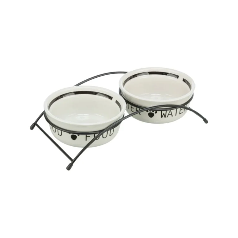 Trixie dubenėlių rinkinys su metaliniu stovu, keramika, 2 × 0,25 l, ø 13 cm, baltas/juodas