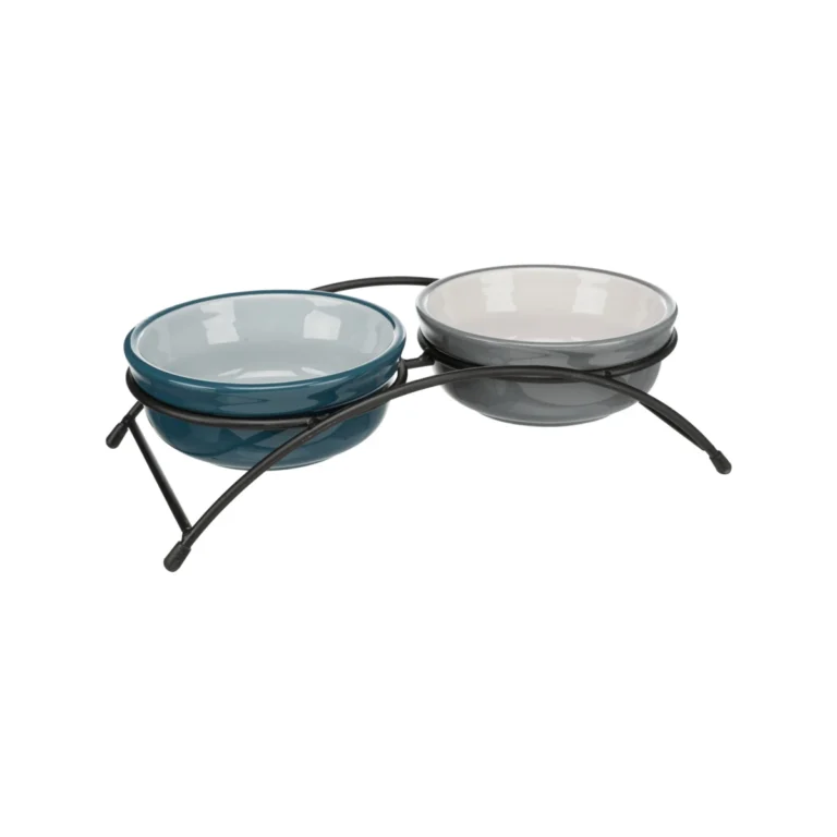 Trixie dubenėlių rinkinys su metaliniu stovu, keramika, 2 × 0,25 l, ø 13 cm, petrolio / šviesiai pilkas