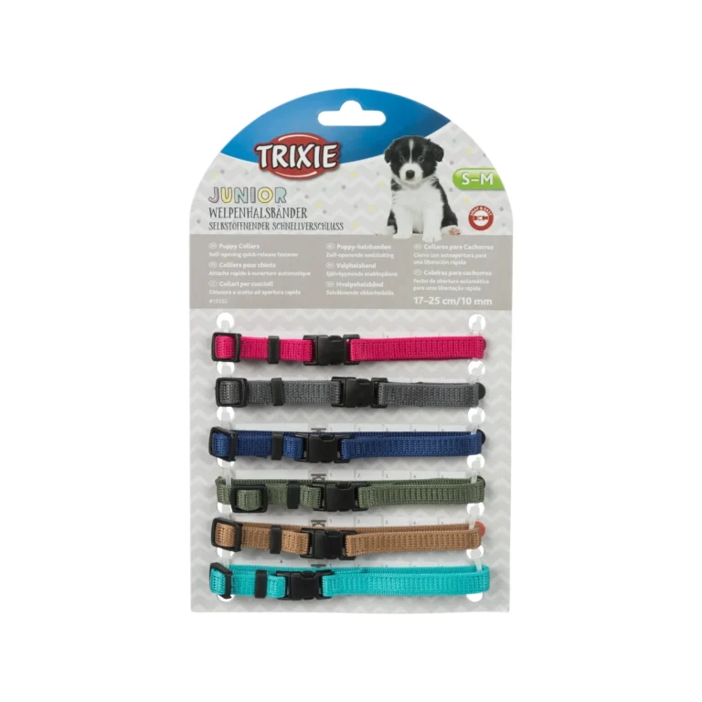 Trixie Junior antkaklių rinkinys šuniukams, S–M, 17–25 cm / 10 mm, 6 vnt., fuksijos, grafito, indigo ir kt. spalvų