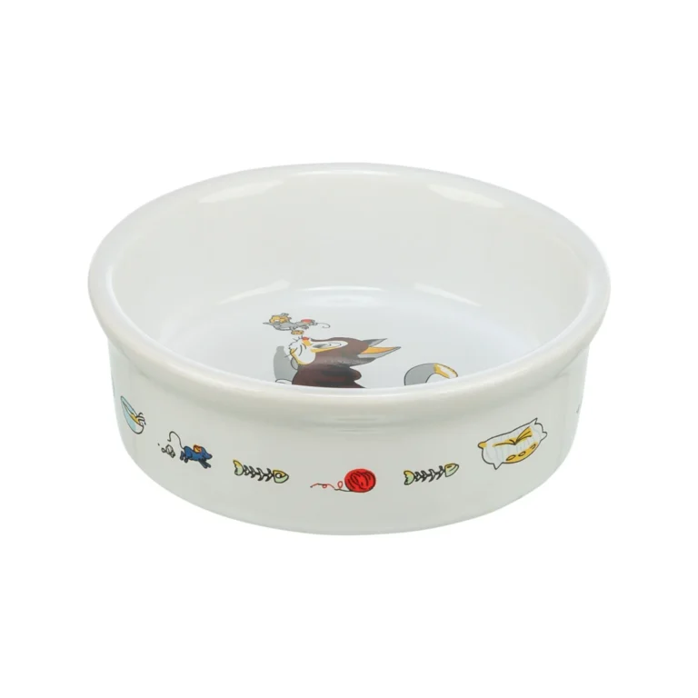 Trixie keraminis dubenėlis su katės ir pelės motyvu, 0,2 l, ø 12 cm, baltas