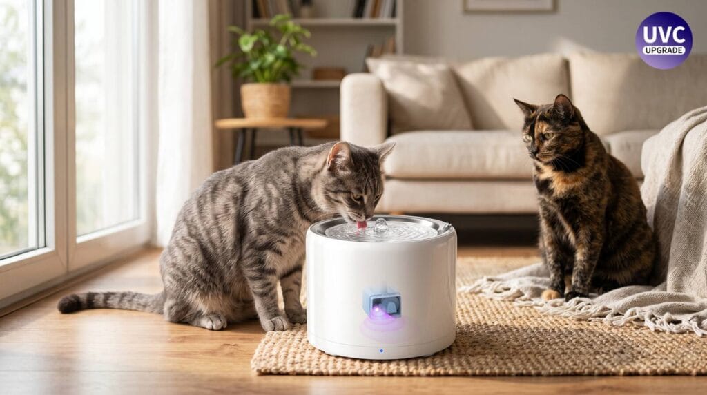 Katė geria vandenį iš PETKIT Eversweet 3 Pro fontano, šalia stebi kita katė jaukiame kambaryje.